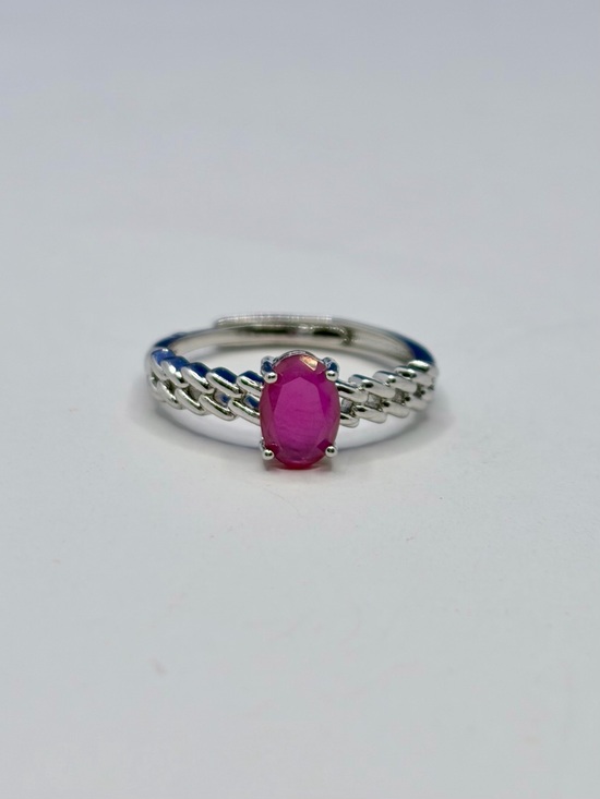 None Jewelry - Adjustable Silver Tone Pink Oval Gemstone Ring | Braided Band | Statement Ring